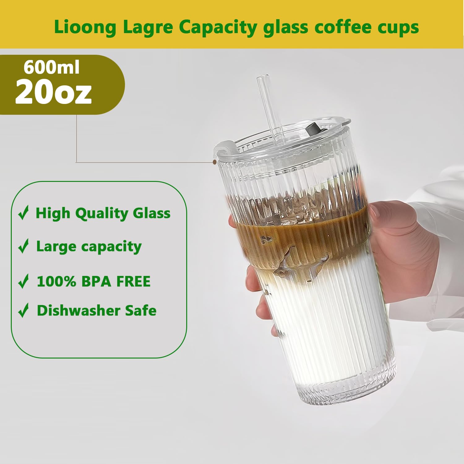 Lioong 2pcs Glass Coffee Cups with Lids and Straws,20Oz Ice Coffee Cup With Lids Matcha Glass Tumbler With Straws,Glasses Go to Cups Traveling Mugs For Cold Drinks Smoothie Juice Drinking (600ml)