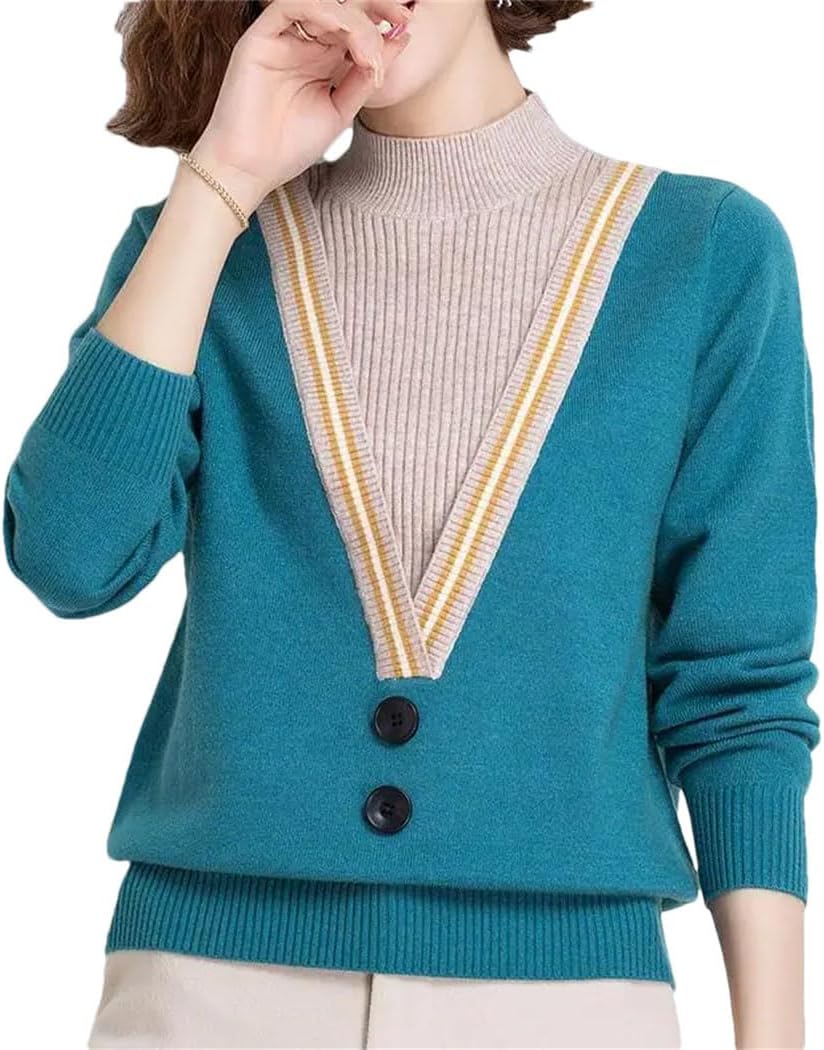 Women's Winter Fashion Pullovers Long Sleeve Half Turtleneck Splicing Fake Two Loose Sweaters