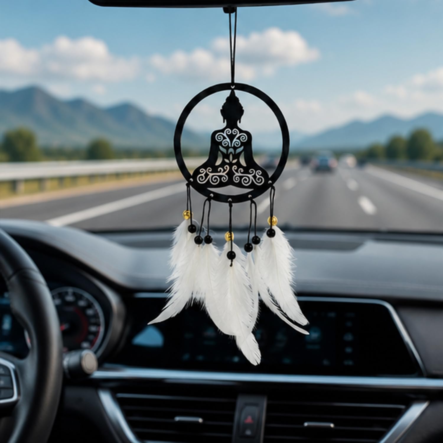 Buddha Car Hanging Dream Catcher with White Feathers & Beads for Mirror | rear view mirror accessories | rear view mirror hanging | mirror hanging-image-24