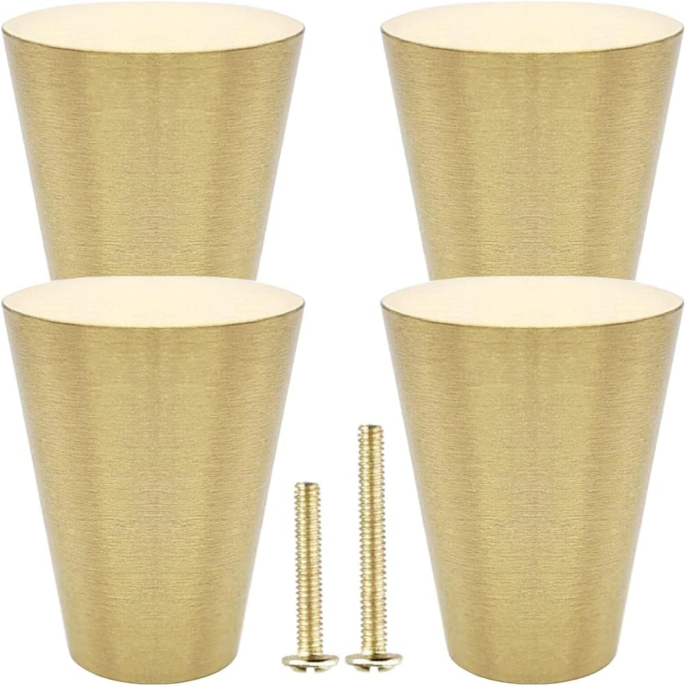 4Pcs Solid Brass Knobs, Brushed Gold Pure Copper Cone Decorative Knob Mid Century Pull Handles for Kitchen Cabinet Drawer Dresser, Modern Furniture Hardware with Screws