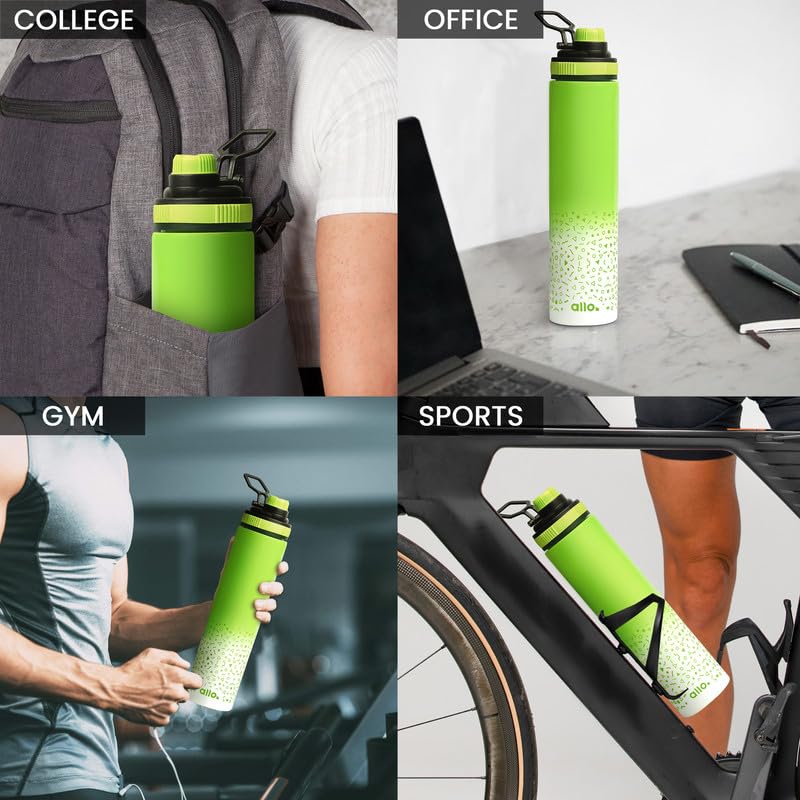 Image of Allo Stainless Steel Water Bottle For Adults, Kids 850ml Water Bottles For School, Office, Sports, Gym 850ml Water Bottle For Men And Women, Pack Of 2| Leak Proof, Bpa Free, Green White