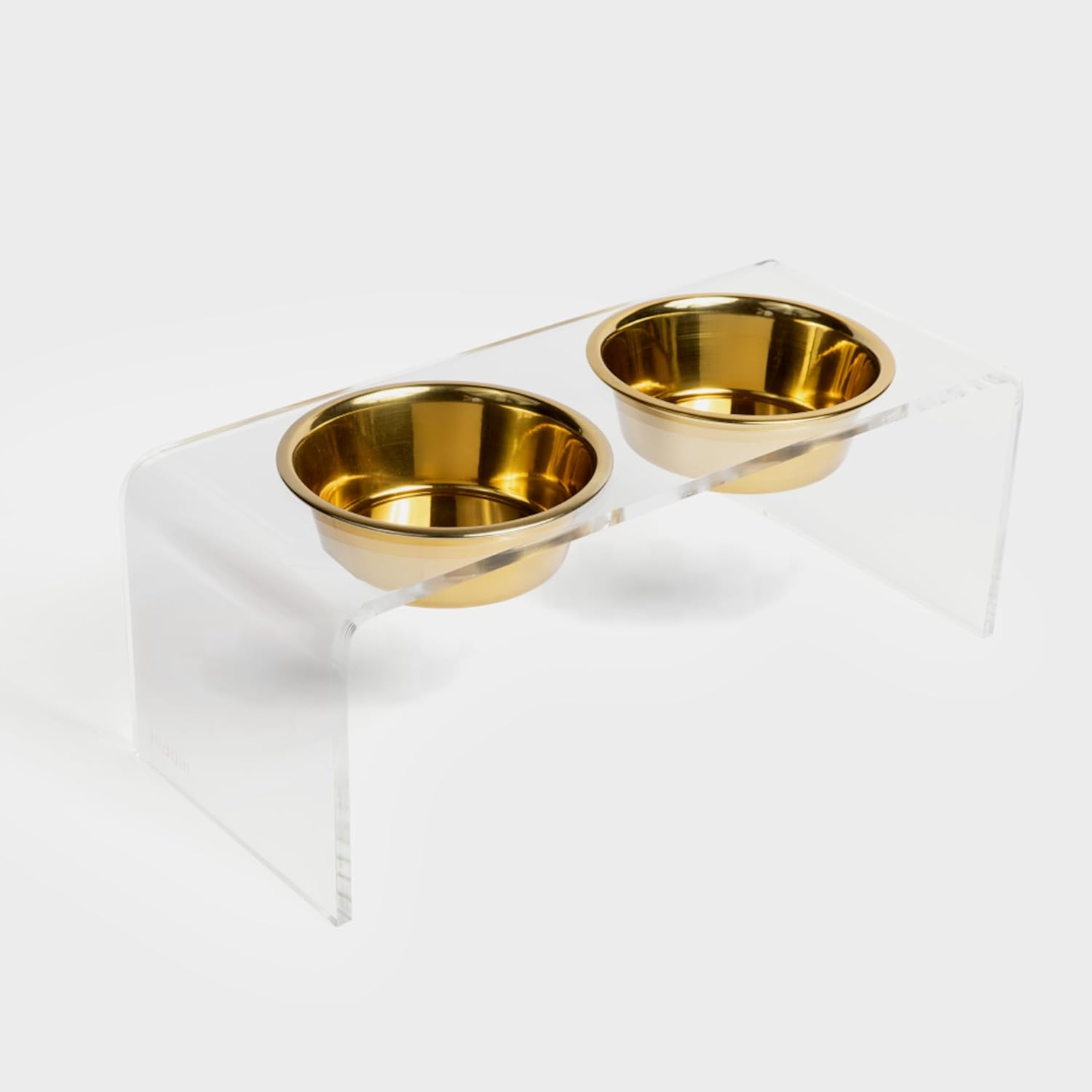Hiddin Double Elevated Dog Bowl Stand for Medium or Large Dogs, All Breeds, Clear Acrylic 7 Inch Raised Dog Bowl Stand with Two Gold Stainless Steel Bowls for Food and Water - 3.5 Cups Each Dish