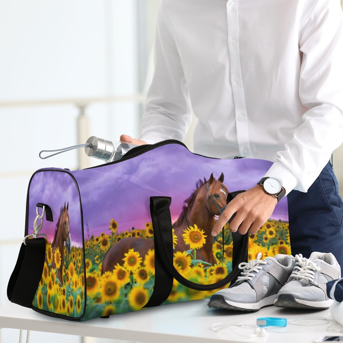 Sunflower Horse Travel Duffel Bag for Women Men Large Capacity Overnight Weekender Bags for Lightweight Waterproof Sport Gym Bag for Workout Yoga Swim