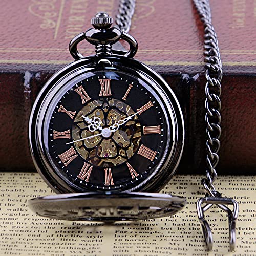 Montre de poche mécanique noire Tiong vintage avec couronne creuse et pentagramme