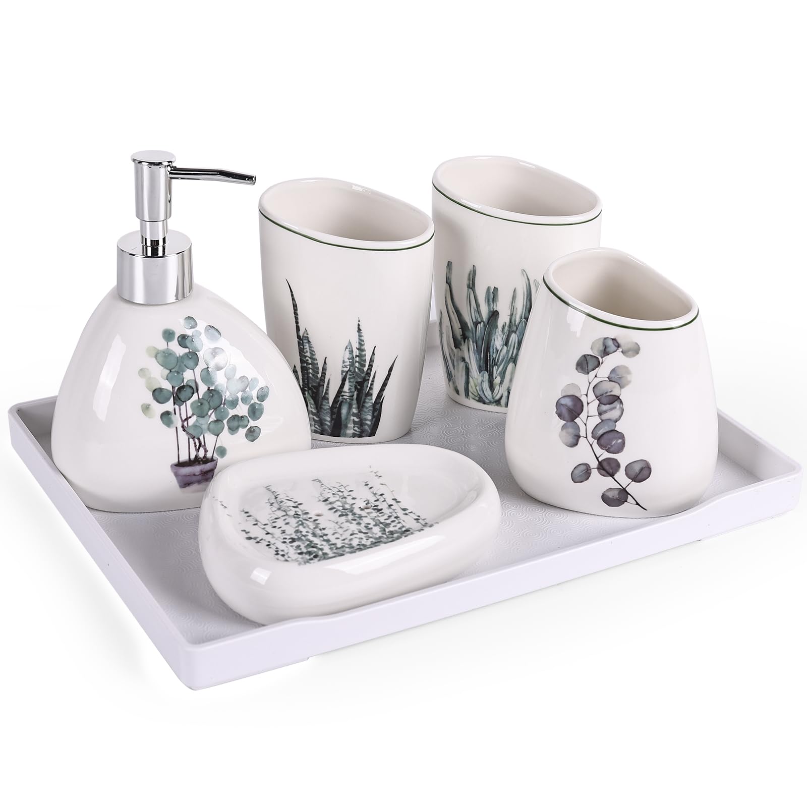 Elegante set da bagno in ceramica da 6 pezzi dotato di dispenser per lozione, bicchiere per collutorio, piatto per trucco, piatto per sapone, portaspazzolino e vassoio, moderno set di