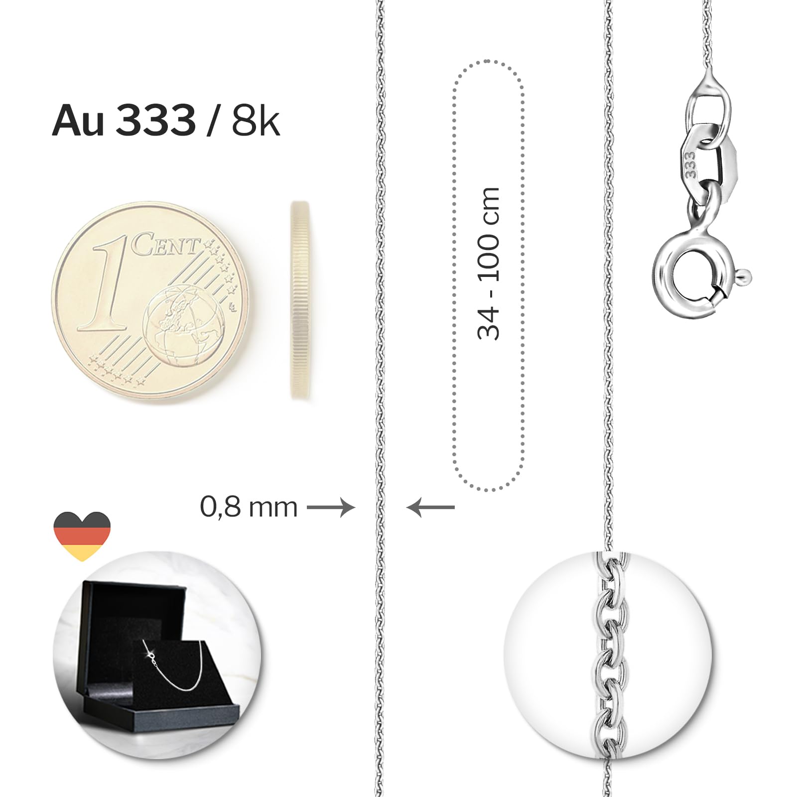 EDELIND Goldkette Damen Herren Kinder Sehr feine 0.8 mm Ankerkette rund Weißgold 333 585 375 750 Echtgold 8 9 14 18K Halskette Gold Damen Schmuck Geschenkbox