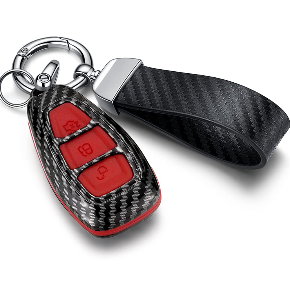 Carbon Fibre Pattern ABS Plastic Cover Suitable for Ford Smart Key Fob,3 Buttons Smart Car Key Case with Keychain,Compatible with Ford Fords/Focus/Fiesta/Kuga/C-Max,etc.- Red