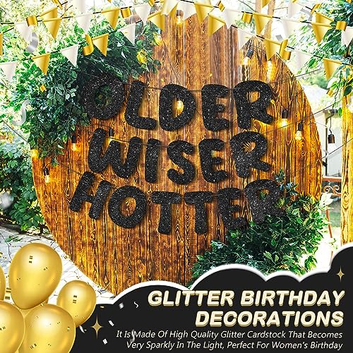 Image of Fulmoon Set of 3 Pre Strung Older Wiser Hotter Glitter Banner Funny Birthday Banner for Women 30th 40th 50th 60th 70th 80th Birthday Party Decorations Sign Gift(Black)