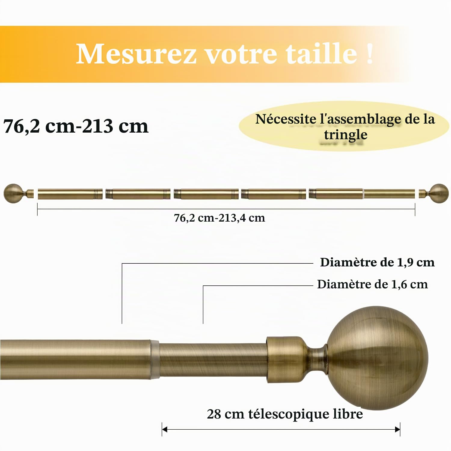 Tringle à rideaux extensible en laiton antique de 76 à 210 cm avec 3 supports de rideaux. 76 à 213,4 cm de long pour salon, chambre à coucher, cuisine