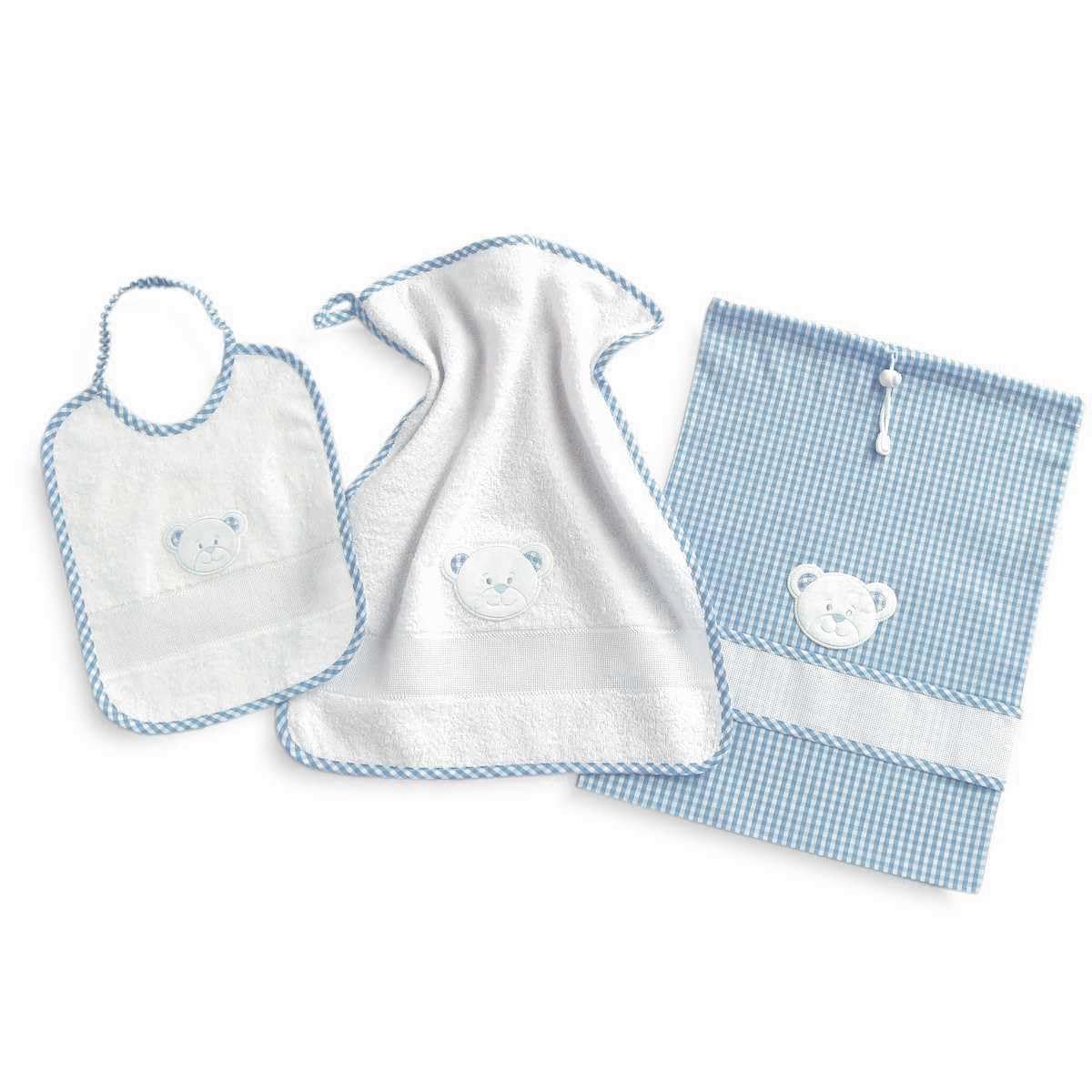 Set asilo da ricamare a punto croce, tre pezzi, sacchetto salvietta e bavaglia, Coordinato asilo in spugna bianca con tela aida, punto croce, fantasia quadretto con viso di orsetto (274 Azzurro)