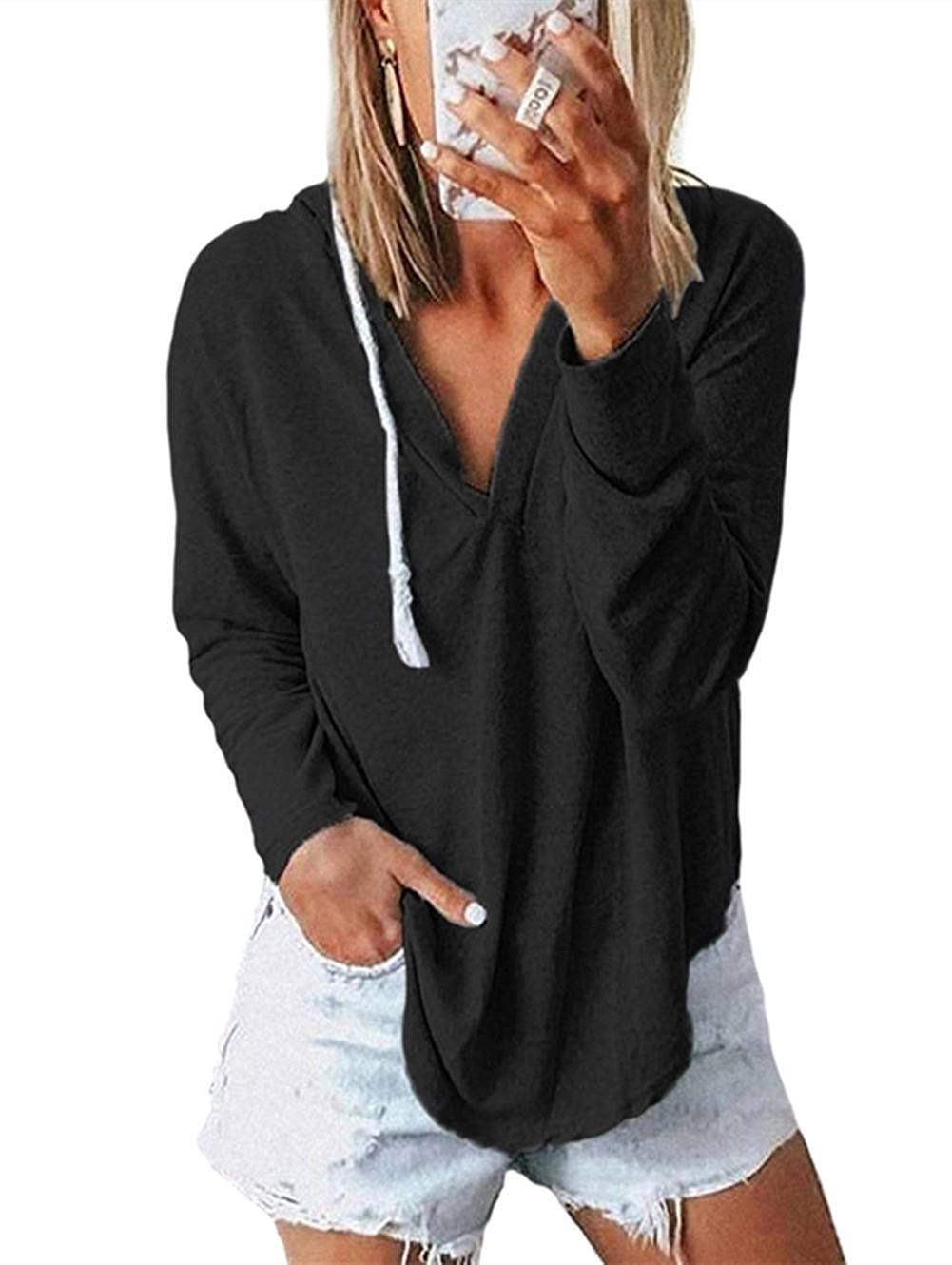NEKOSI Womens Long Sleeve V Neck Hoodie Sweatshirts Lightweight Pullover Tops