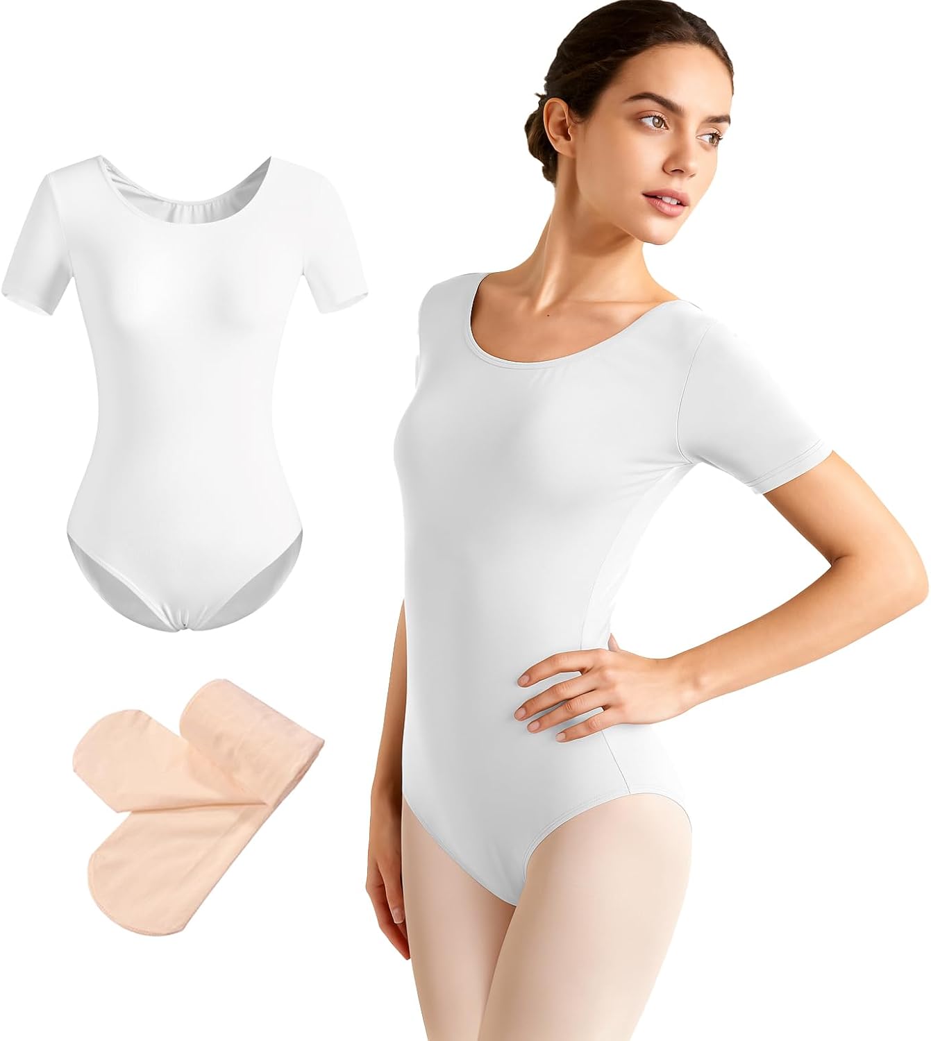 Women Short Sleeve Leotard with tights for Ballet Dance Gymnastics,Full Lining
