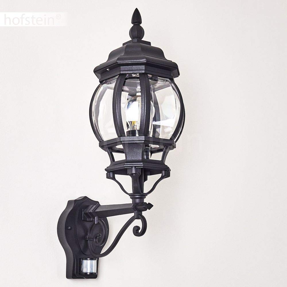 HOFSTEIN Außenwandleuchte Lentua, Außenwandlampe mit Bewegungsmelder aus Metall/Kunststoff in Schwarz/Klar, Wandleuchte Up im Retro/Vintage-Design, E27, IP44, Eingangsbereich, Terrasse, Haustür, Hof