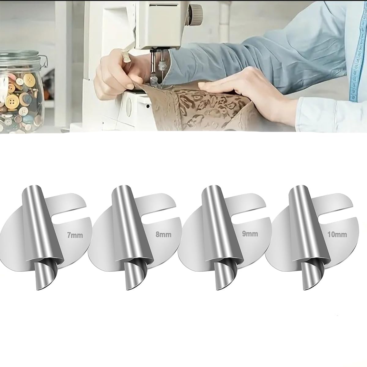 4Pcs Stainless Steel Sewing Machine Foot Set - Adjustable Rolled Hem Presser Foot For Home (7-10mm)