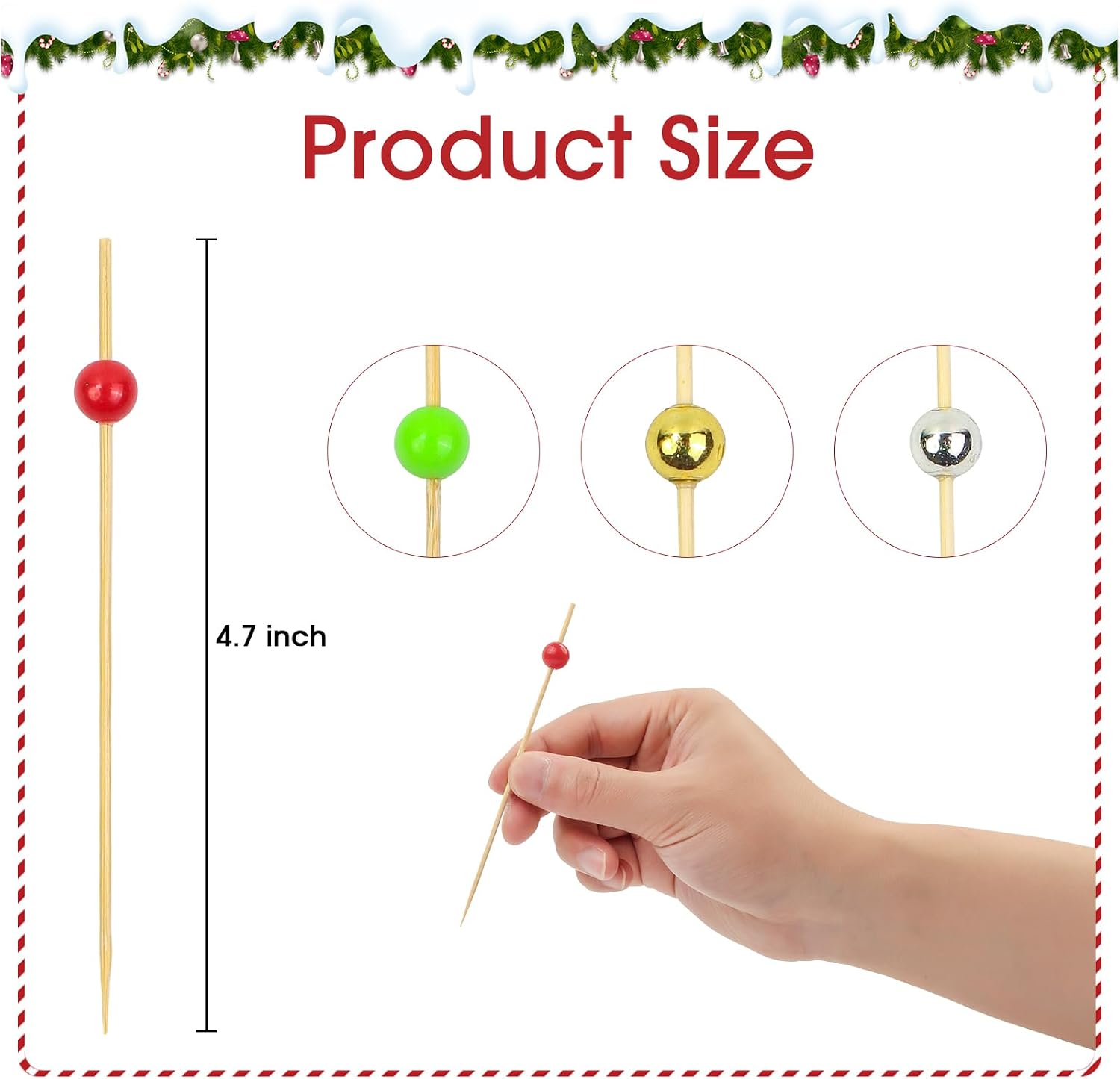 100PCS Christmas Cocktail Picks 4.7 Inch, Gold Silver Red Green Pearl Decorative Toothpicks Bamboo Appetizer Toothpicks Food Picks for Christmas Party Food Fruit Decoration image 2