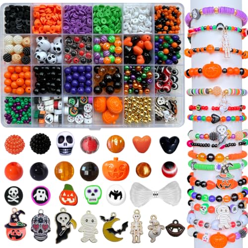 LLchunyun Halloween Beads for Bracelet Making Kit 2069Pcs Clay Bead Acrylic Beads for Jewelry Making Pumpkin Gold Spacer Seed Bead with Charms Friendship Bracelets Making Kit for Halloween DIY Crafts