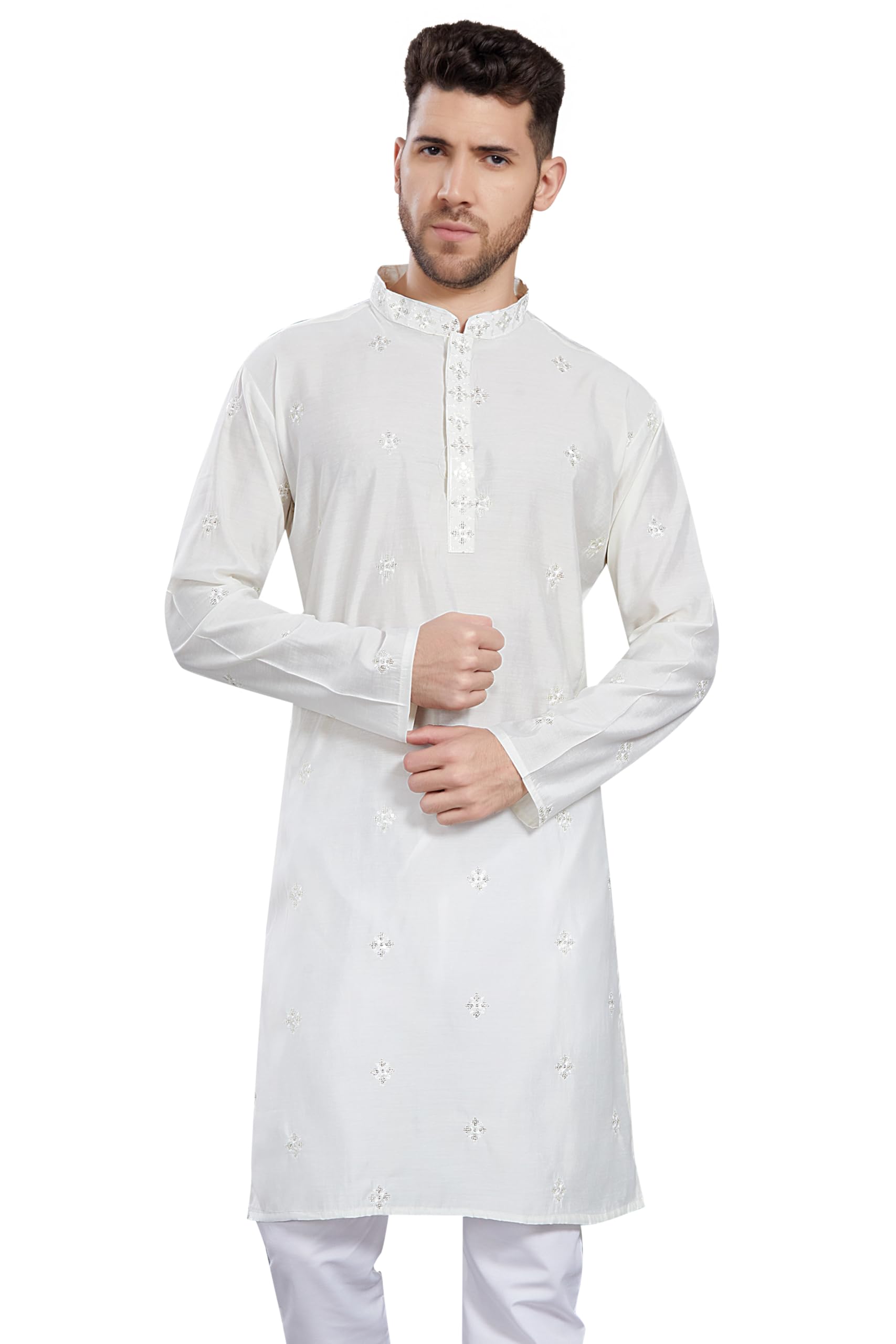 Divisive Men's Embroidered Silk Blend Only Slim Fit Kurta (Dkrt823_S_Cream)