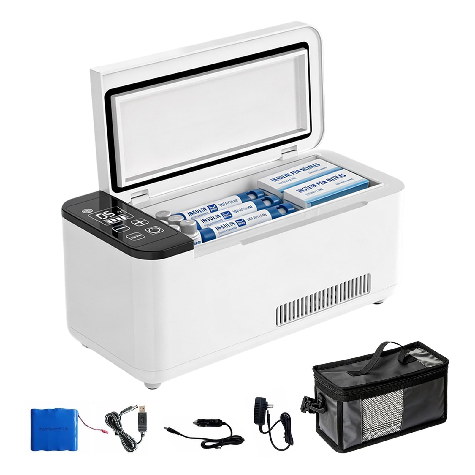 Réfrigérateur Portable pour Insuline 0,6 L, Glacière Médicale avec Refroidissement Actif 2–8 °C et Batterie (8 Heures), Mini Frigo pour 20 Flacons ou 18 Stylos, pour Extérieur, Voyages et Maison