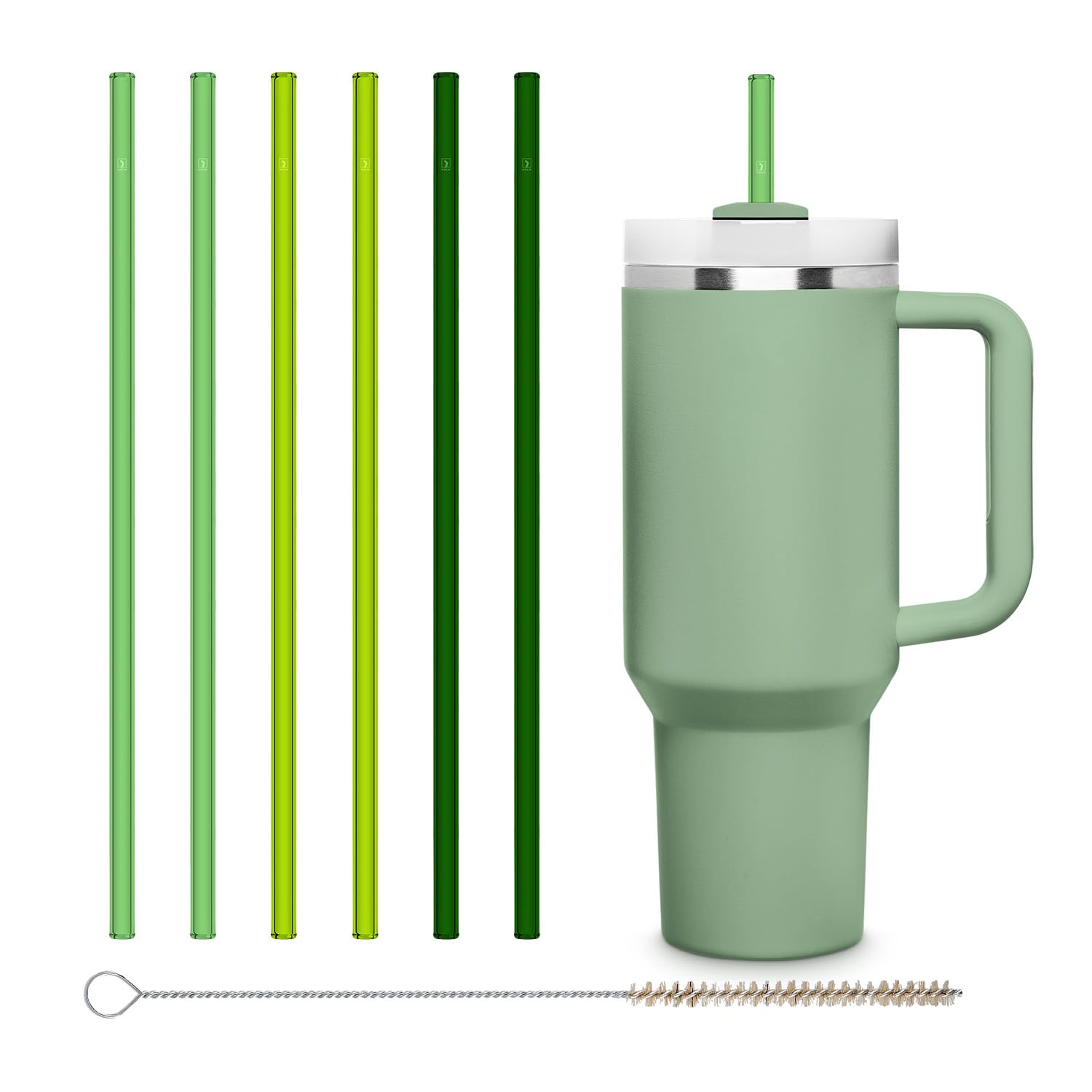 HALM Grüne Glasstrohhalme 6x 30 cm lang für Stanley Cup Quencher Tumbler & Flaschen bis 1,2 Liter + Reinigungsbürste Spülmaschinenfest - Wiederverwendbare Ersatz Strohhalme