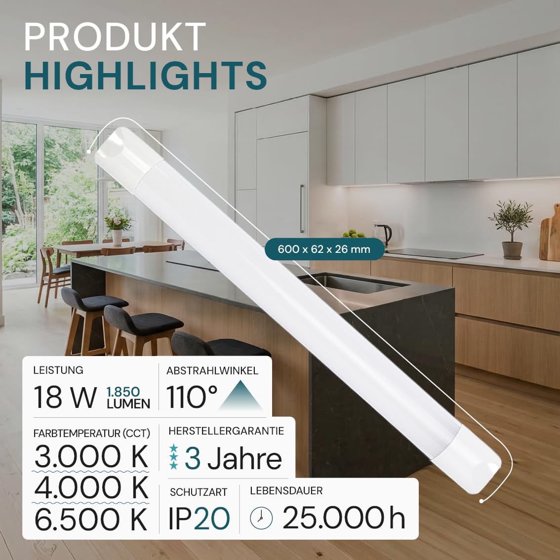 LUXULA LED Unterbauleuchte 60 cm - LED Lichtleiste CCT 3000K 4000K 6500K - Unterbauleuchte mit Anschlussblock - Unterschrankleuchte IP20 für Regal, Wohnwand, Werkstatt und Innenbereich