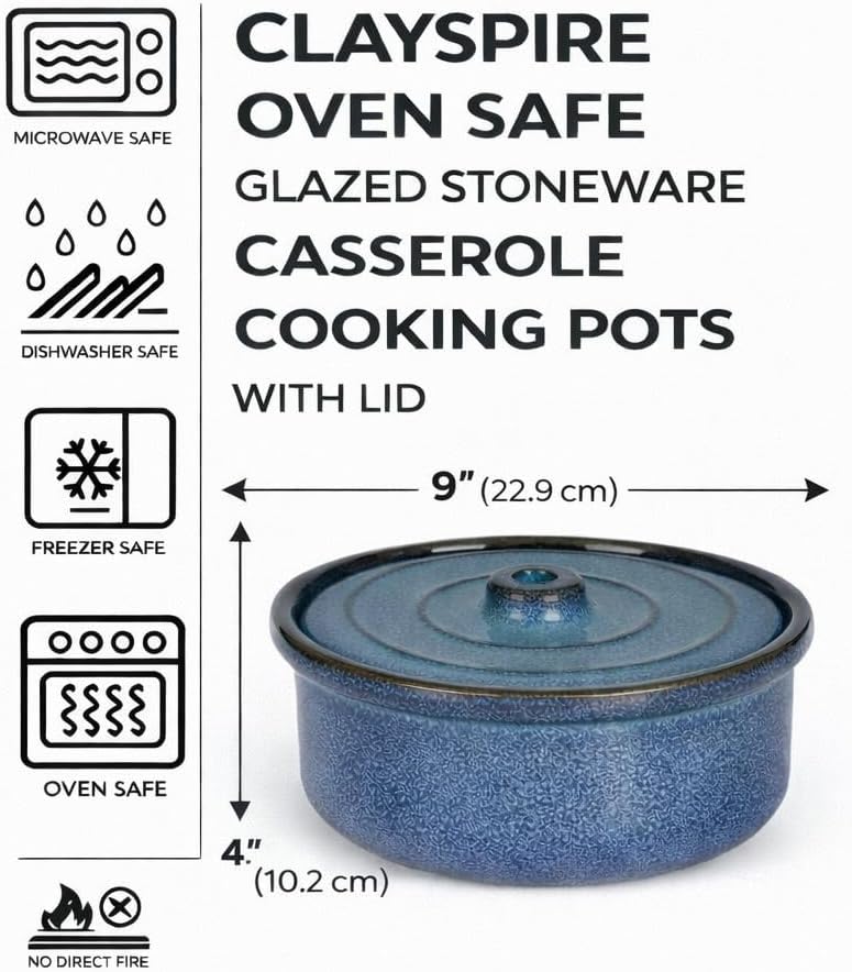 Handmade Stoneware Ceramic Casserole Dish Bakeware with Lid, 2.4 Quart, 9"W x 4"D, Oven to Table Ceramic Round Dish for Dinner and Party-Ocean Blue Color , yogurt bowl perfect for fermenting Probiotic Yogurt