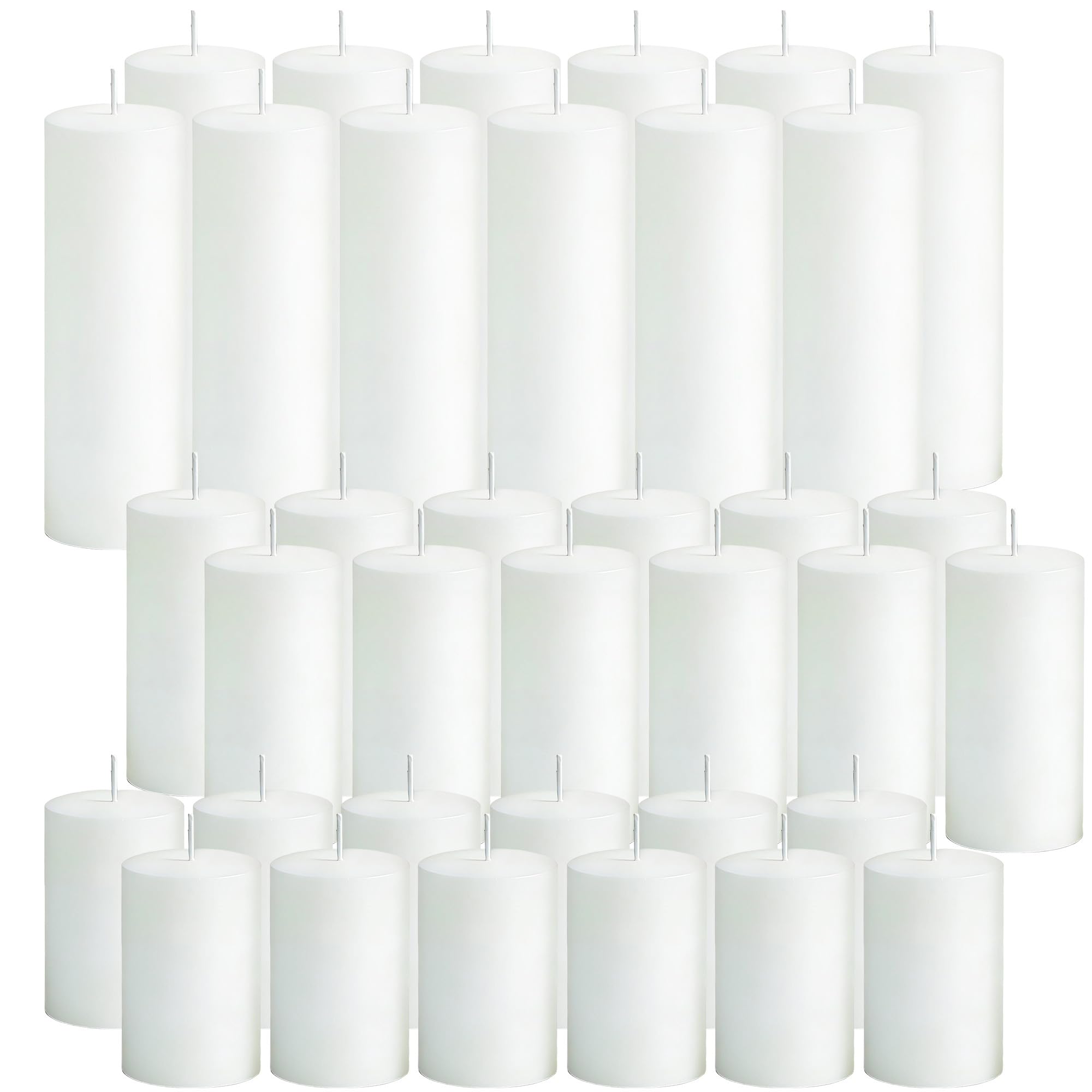 36-teiliges weißes Stumpenkerzen-Set, 5,1 x 7,6 cm, 5,1 x 10,2 cm, 5,1 x 15,2 cm, Paraffin-Hurrican-Kerzen, geruchlos, tropffrei, rauchfrei, lange Brenndauer für Party, Hochzeit, Events
