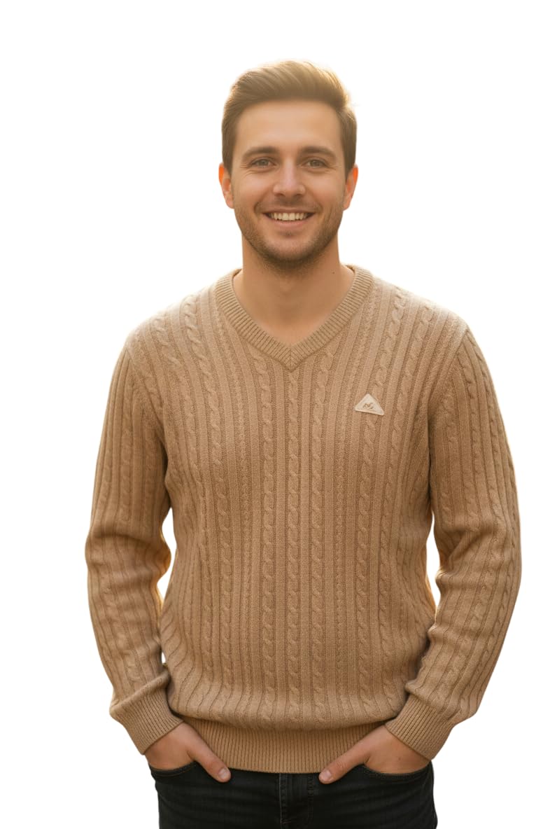Alpine Men's Cable Knit V-Neck Sweater, Camel Brown, Classic Fit, Casual Wear, Ribbed Trim-picture-26