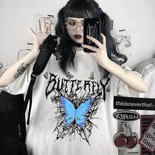 Meokim Gothic T-Shirt Round Neck T-Shirt Women Loose Dark Ins Harajuku Top Butterfly Print T-Shirt(Xxl,White) #TOP1