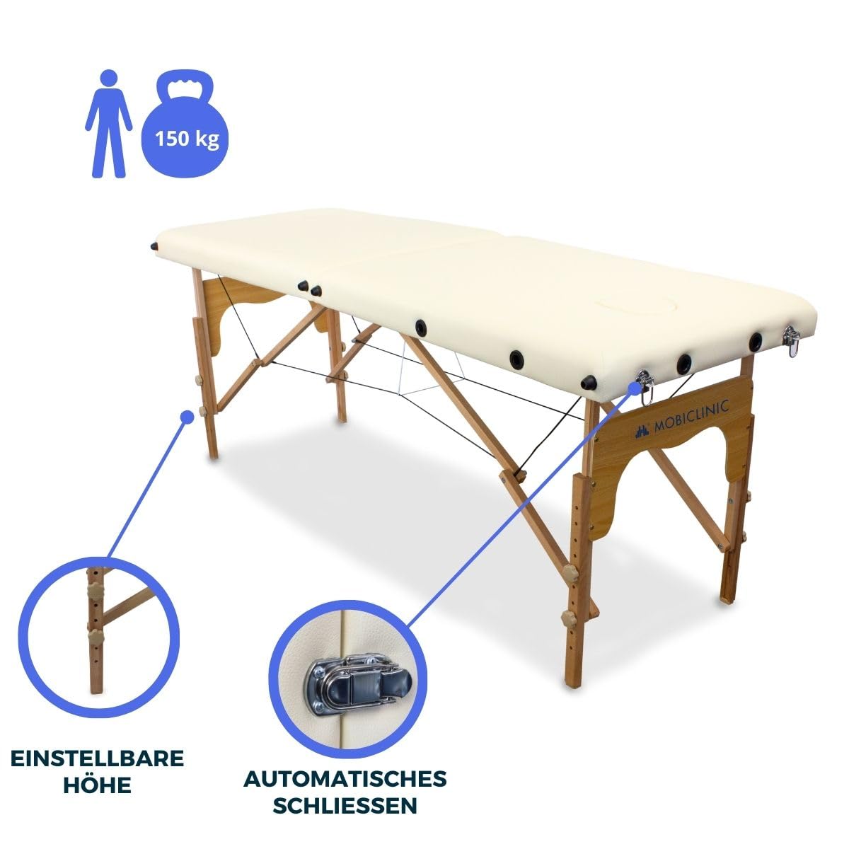 Mobiclinic®, Massageliege, Klappbar, CM-01 Basic, 180x60 cm, Holz und Kunstleder, 2 Teile, Europäische Marke, Mobile, Höhenverstellbar, Verschlusssystem, Trägt 150 kg, Farbe Creme