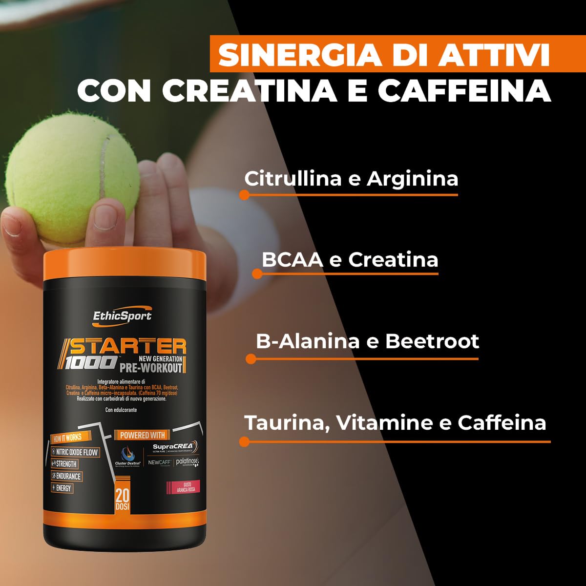 EthicSport Starter 1000 – Integratore pre-workout con caffeina micro-incapsulata, creatina, citrullina e β-alanina – Energia, focus e preparazione allo sforzo per sportivi