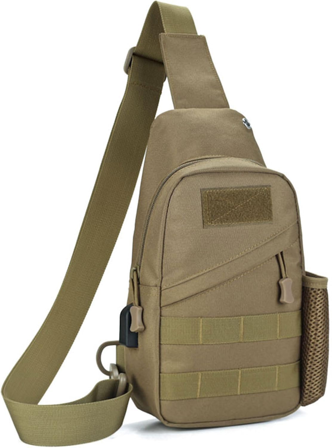 Gexgune Tactical Sling Crossbody Bag with USB Charging Port, Nylon Utility Daily Carry Chest Pack Shoulder Daypack Organizer (Khaki)