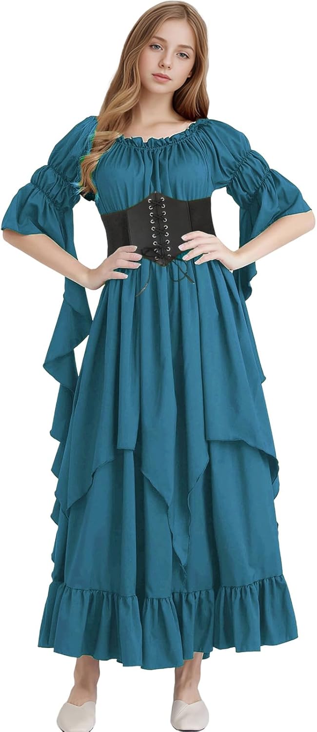 Renaissance Dress Women Gothic Witch Dress Medieval Ruffle Victorian High Low Dress Costume Set with Corset Belt - Image 4