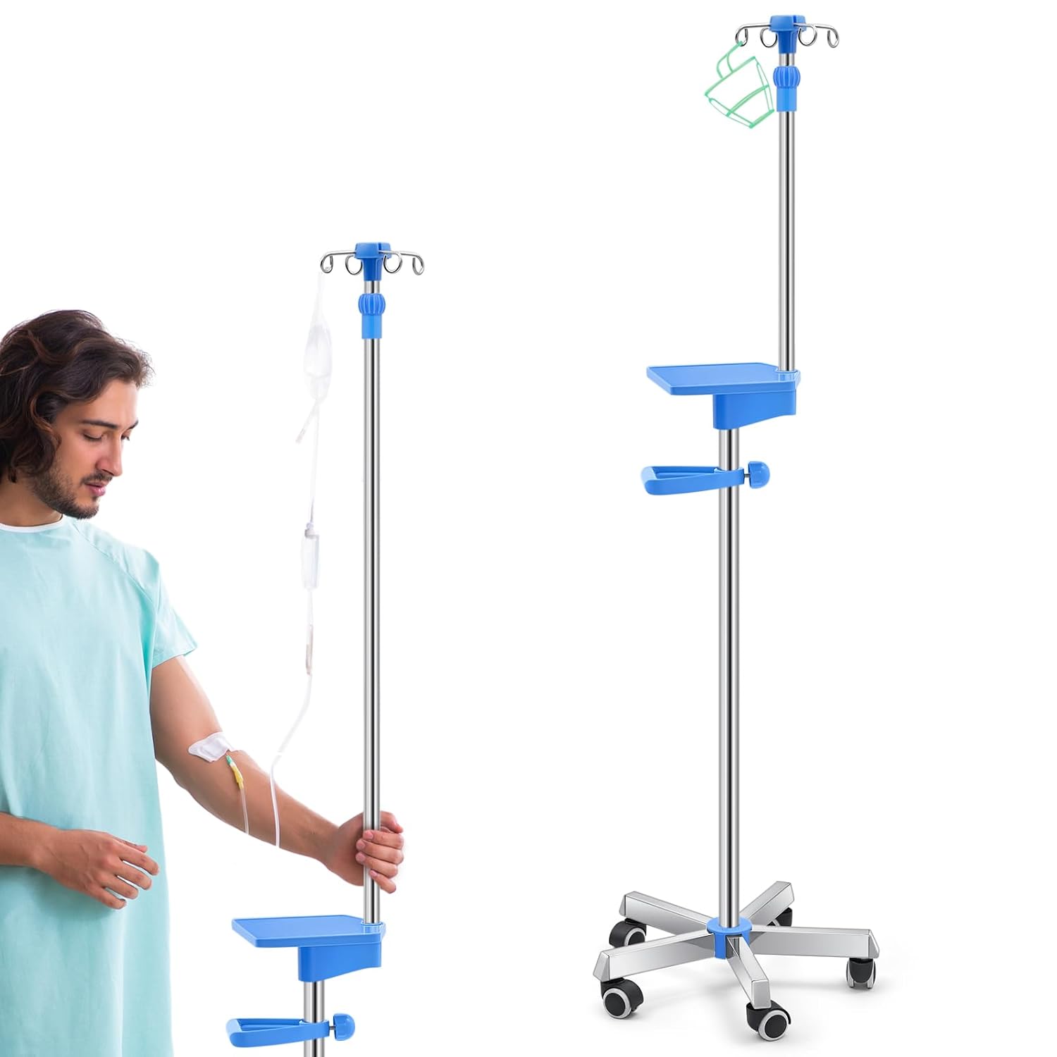 Thyle IV Pole with Wheels Tray Stand Portable 4 Hooks 5 Wheels IV Fluid Bag Stand Height Adjustable Stainless Steel Intravenous Pole with Hanging Net for Home Hospital(Classic)
