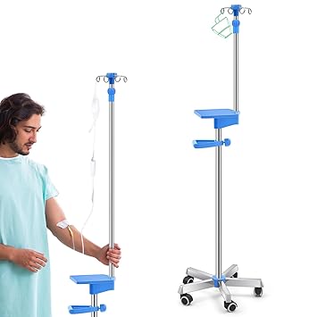 Thyle IV Pole with Wheels Tray Stand Portable 4 Hooks 5 Wheels IV Fluid Bag Stand Height Adjustable Stainless Steel Intravenous Pole with Hanging Net for Home Hospital Essential IV Practice Kit Supply