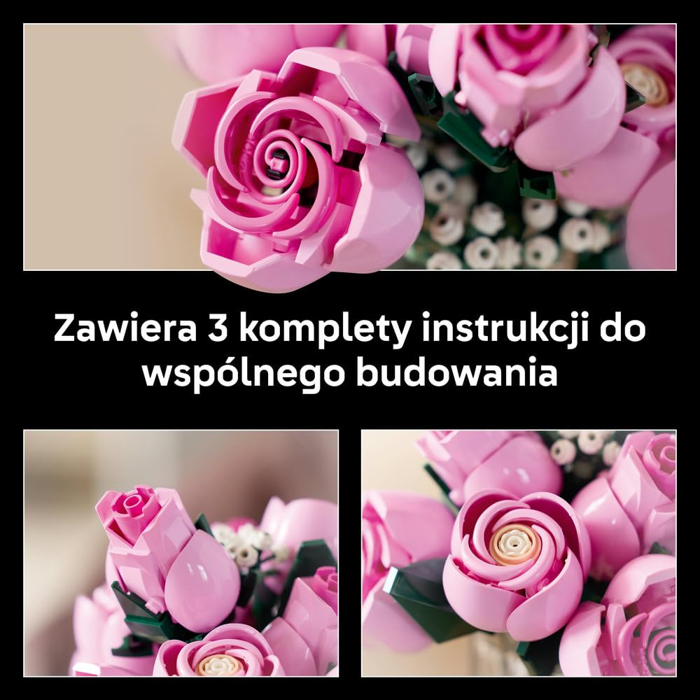 LEGO Botanicals Bukiet różowych róż, sztuczne kwiaty do zbudowania, pomysł na prezent na Dzień Matki, walentynki lub urodziny, dla kobiet i mężczyzn, kwiatowa dekoracja do domu i biura 10374