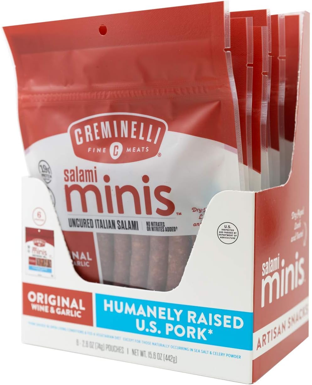 Creminelli Original Salami Minis, (6 count, 2.6oz), Humanely Raised Pork*, No Added Nitrates or Nitrites, No Artificial Ingredients, Gluten Free, Keto & Paleo Friendly Snacks, 19g Protein Per Pouch, 0g Sugar**