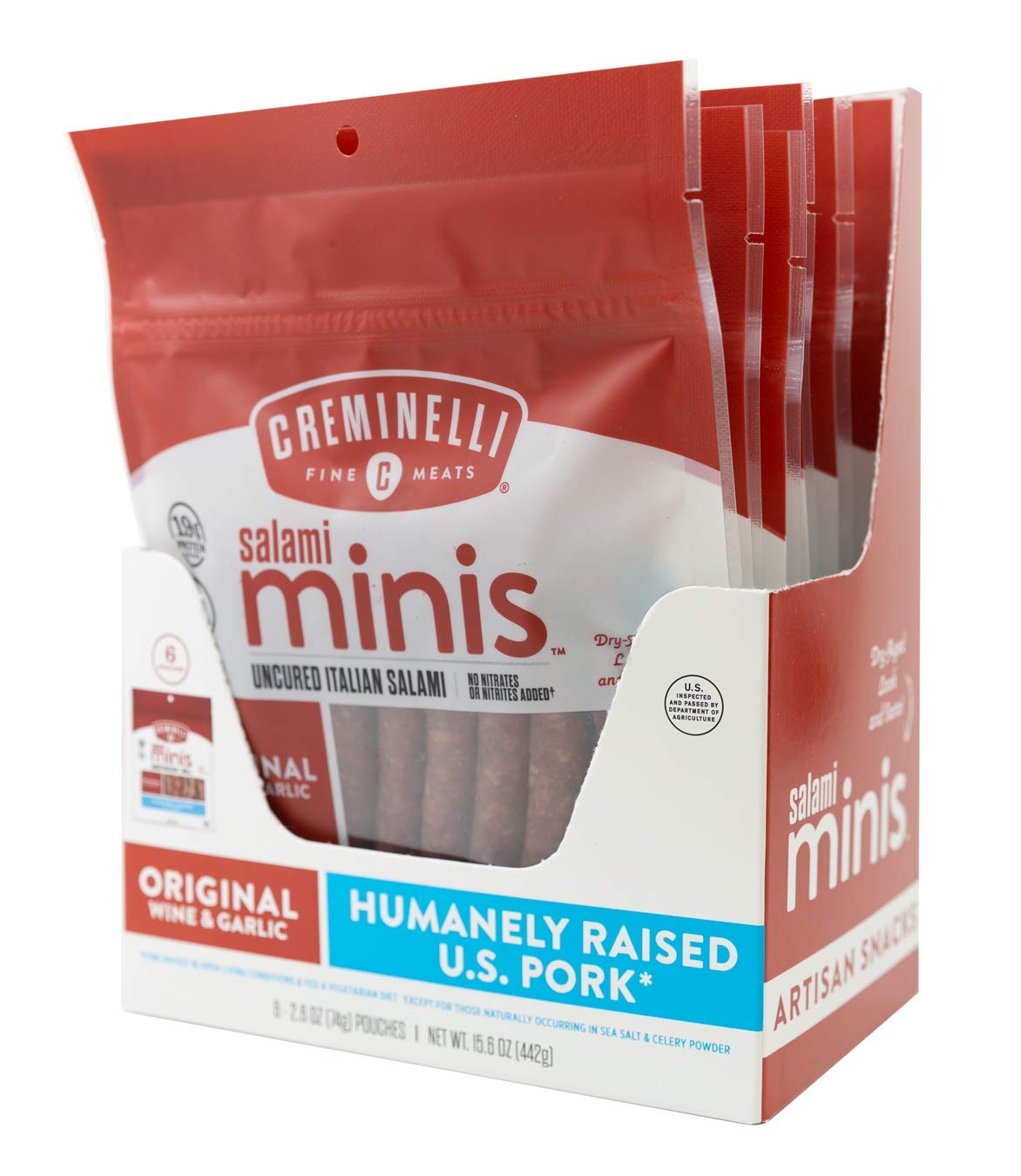 Creminelli Original Salami Minis, (6 count, 2.6oz), Humanely Raised Pork*, No Added Nitrates or Nitrites, No Artificial Ingredients, Gluten Free, Keto & Paleo Friendly Snacks, 19g Protein Per Pouch, 0g Sugar**
