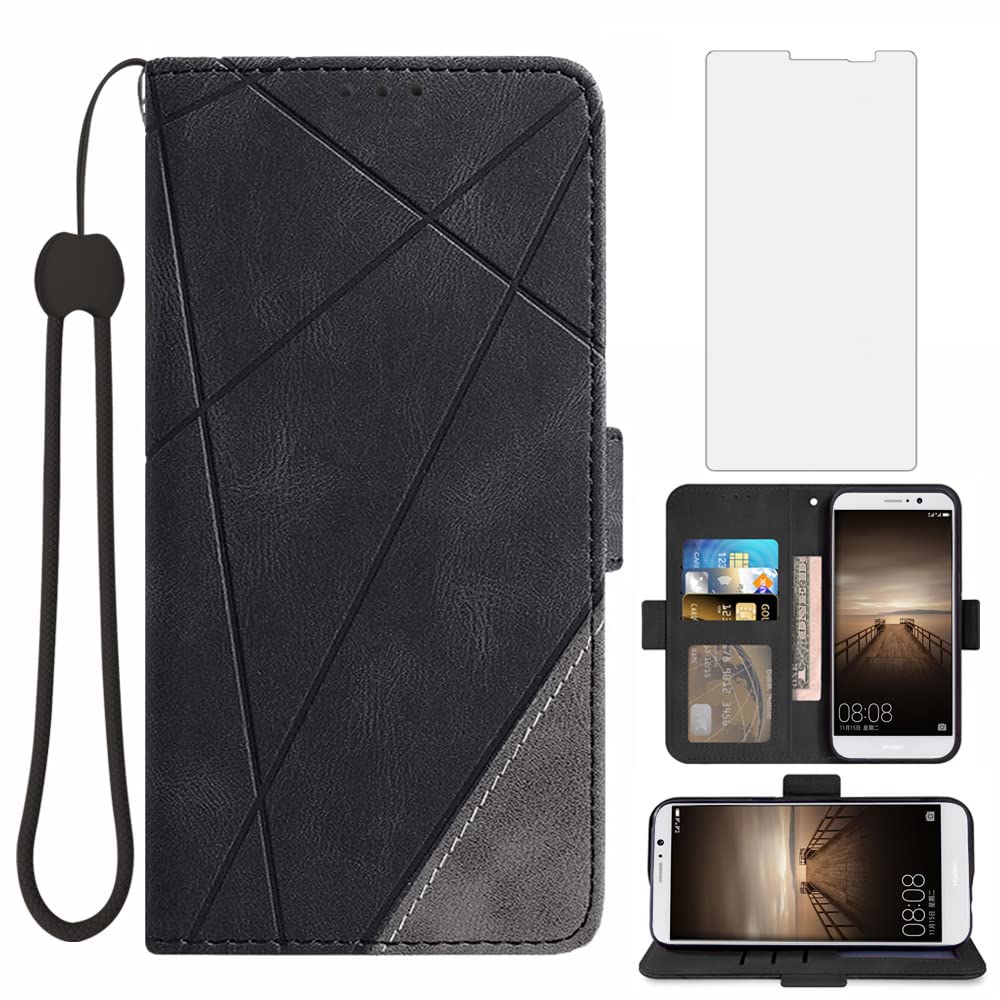 Asuwish Custodia A Portafoglio Con Vetro Temperato Per Huawei Mate 9 – Pelle PU, Porta Carte, Supporto Magnetico, Cinturino Incluso