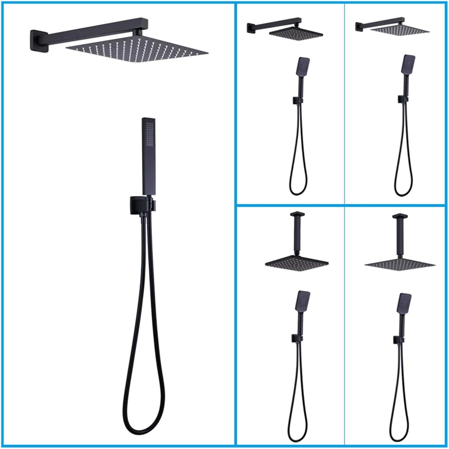 Black Head Hand Shower Set Bathroom System with 8/10/12 Inch Rain Shower 3 Functions/Brass Handheld Round Square Valve Outlet(SQ Ceiling ABS,Top 12 inch)