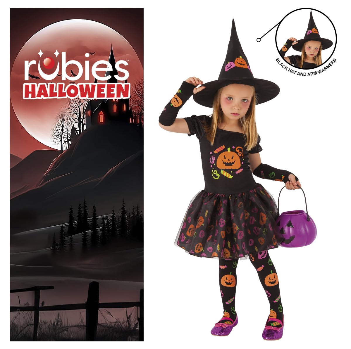 Rubies Costume Strega Candy per Bambina, Vestito Stampato, Maniche, Calze e Capello, Ufficiale, Stregas, Witches, Caramelle per Halloween, Feste e Cosplay