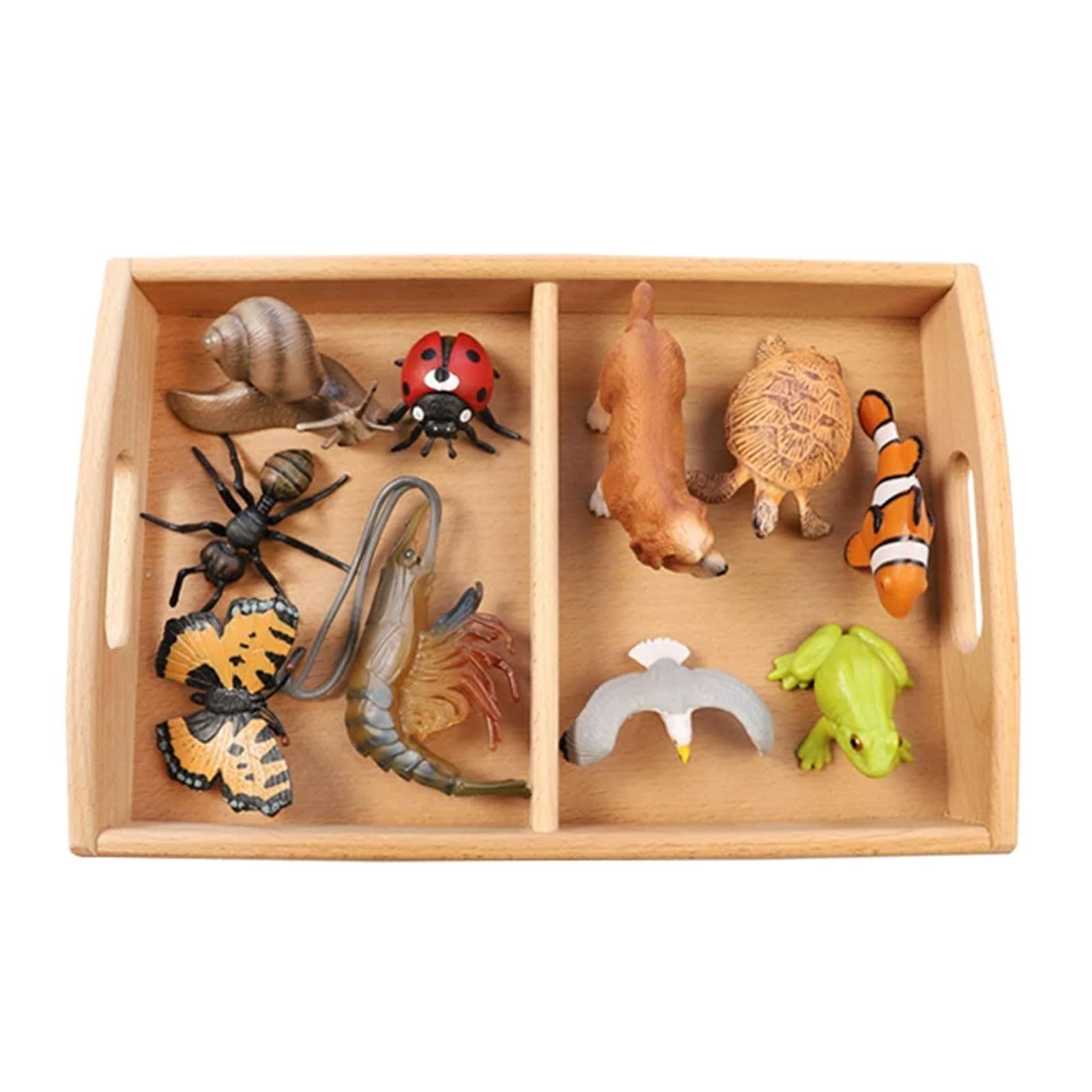 Zestaw Zabawek do Klasyfikacji Zwierząt Montessori, Realistyczne Miniaturowe Figurki Zwierząt z Drewnianą Tacą do Sortowania (10 szt.)