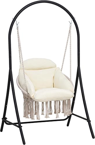 ANOW Silla hamaca de macramé con soporte, soporte para silla colgante resistente con silla oscilante, incluye cojín acolchado de lujo, máximo 330 disponible en Yaxa Venezuela