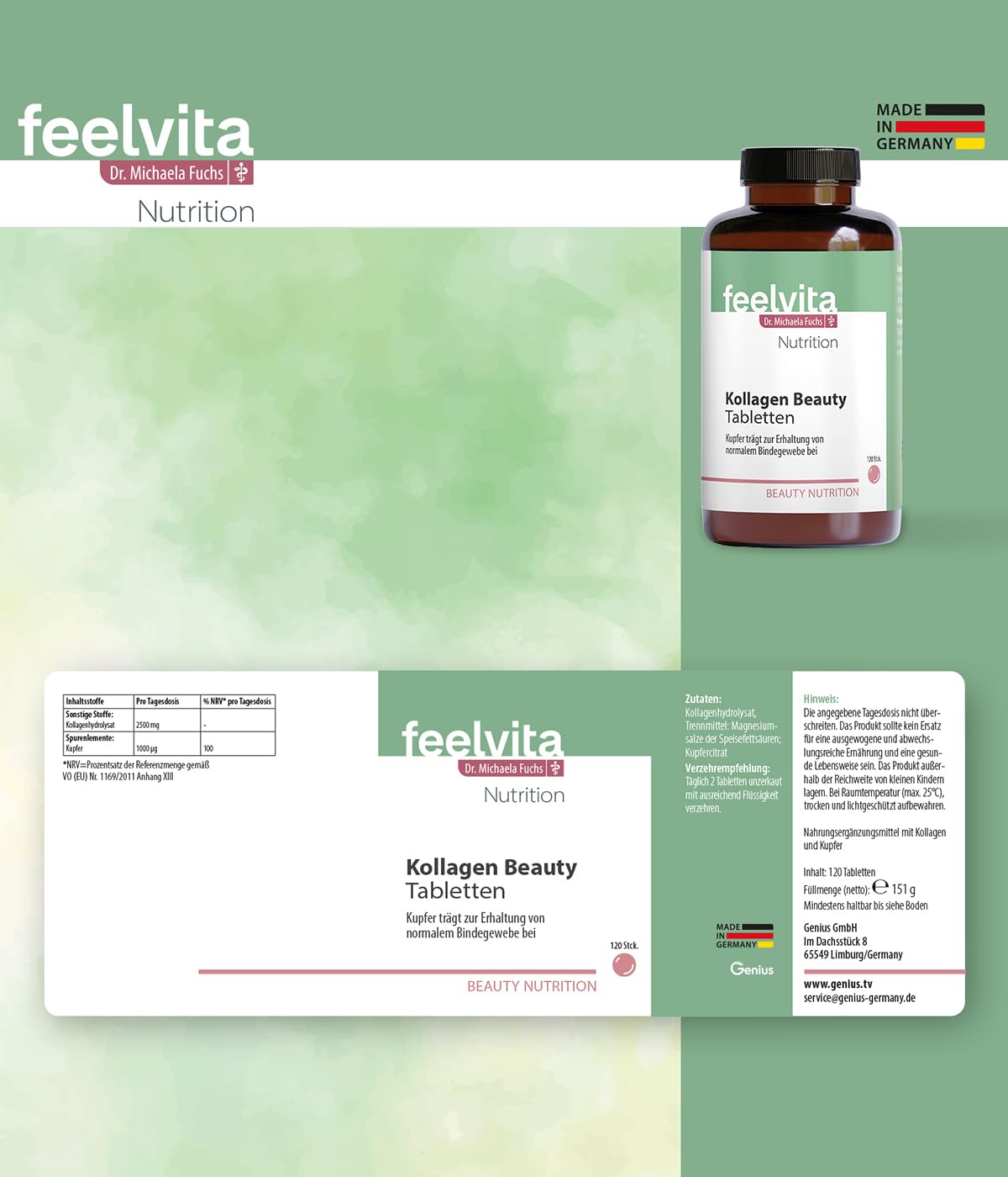 Genius Feelvita Nutrition Kollagen Beauty Tabletten- hochdosiertes Kollagenhydrolysat angereichert mit Kupfer- Zur Erhaltung des normalen Bindegewebes, 2-Monatsvorrat (120 Tabletten)- Made in Germany
