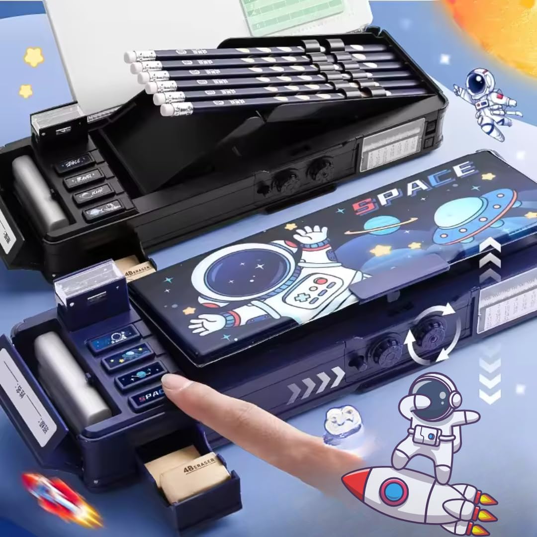 Storio Space Password Lock Double Sided Compass Box for Kids, Pencil Box for Kids Boy & Girl, Aesthetic Stationary Items, Space Astronaut Theme Pencil Case Return Gifts for Kids