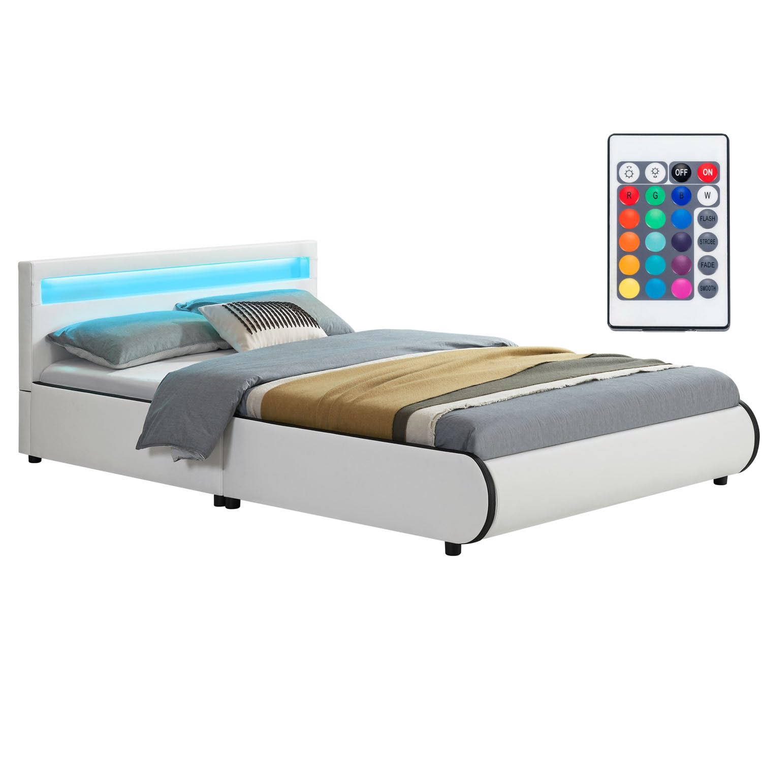 Juskys Sevilla Polsterbett 140x200 cm mit LED-Beleuchtung, Lattenrost und Kopfteil in Weiß