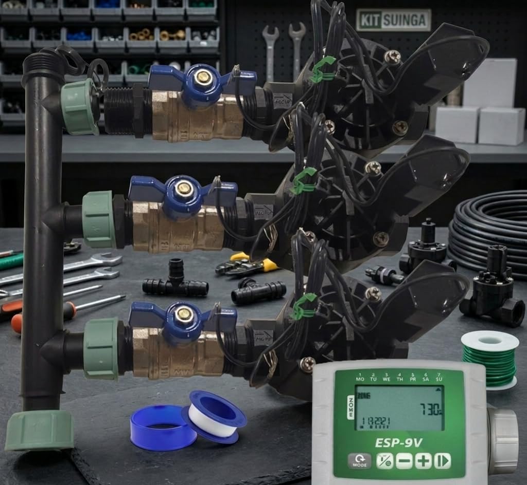 Suinga Sistema de Riego Automático para Jardín de 3 Zonas | Electroválvula HV 1" 9V | Programadores a Pilas