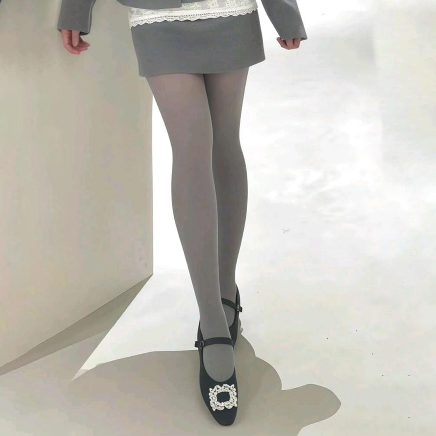 Plus Size Stockings Women's Gray Silky Tights Retro Pure Color Jacquard Pantyhose,Vintage&Sculpting Tights Style