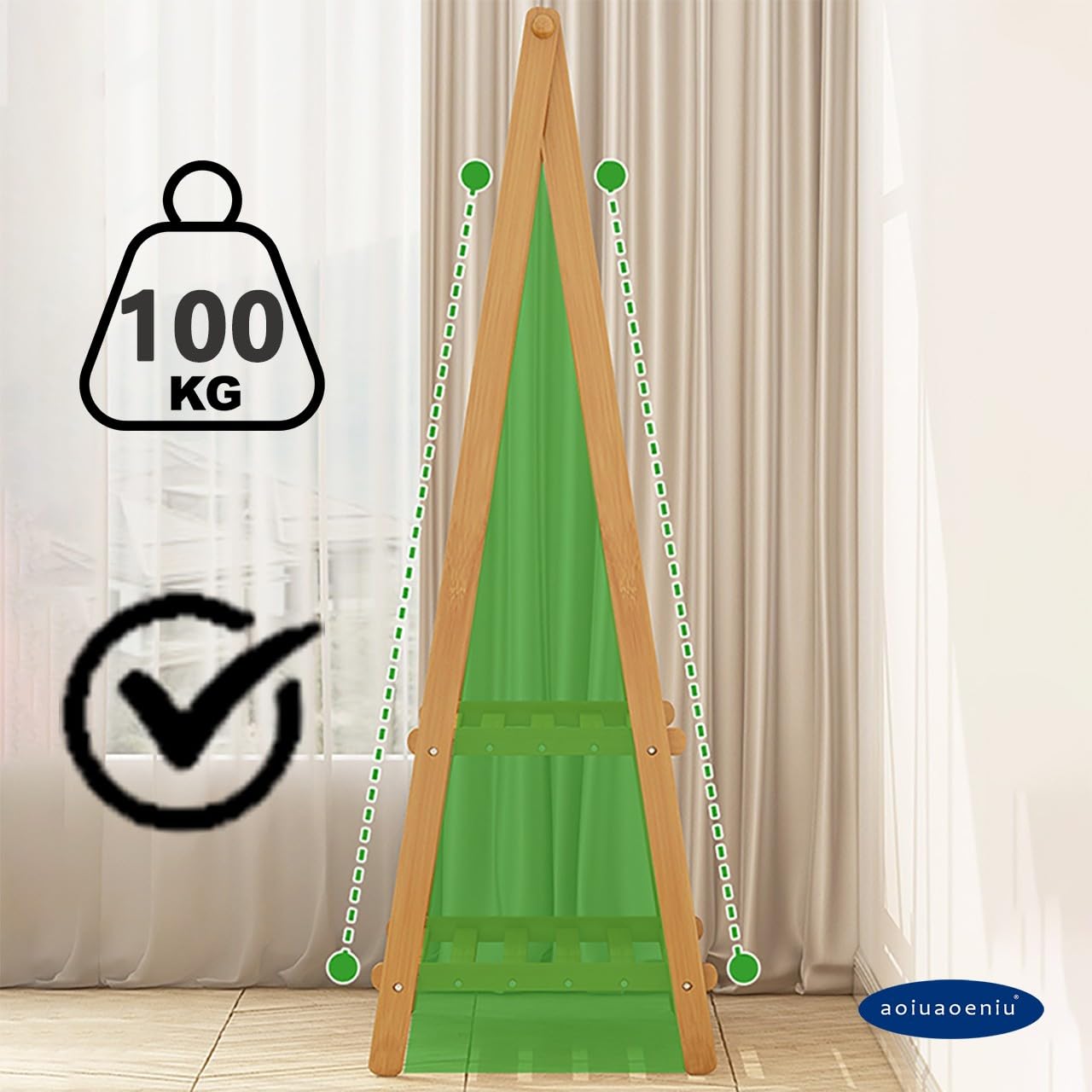 Garderobenständer/Kleiderständer Bambus mit Haken und 2 Ablagen | Kleiderstange, klappbar, 160 cm Hoch, Multifunktional Garderobe für Kleidung, Hut, 1 Min Montage : 66/86/116CM