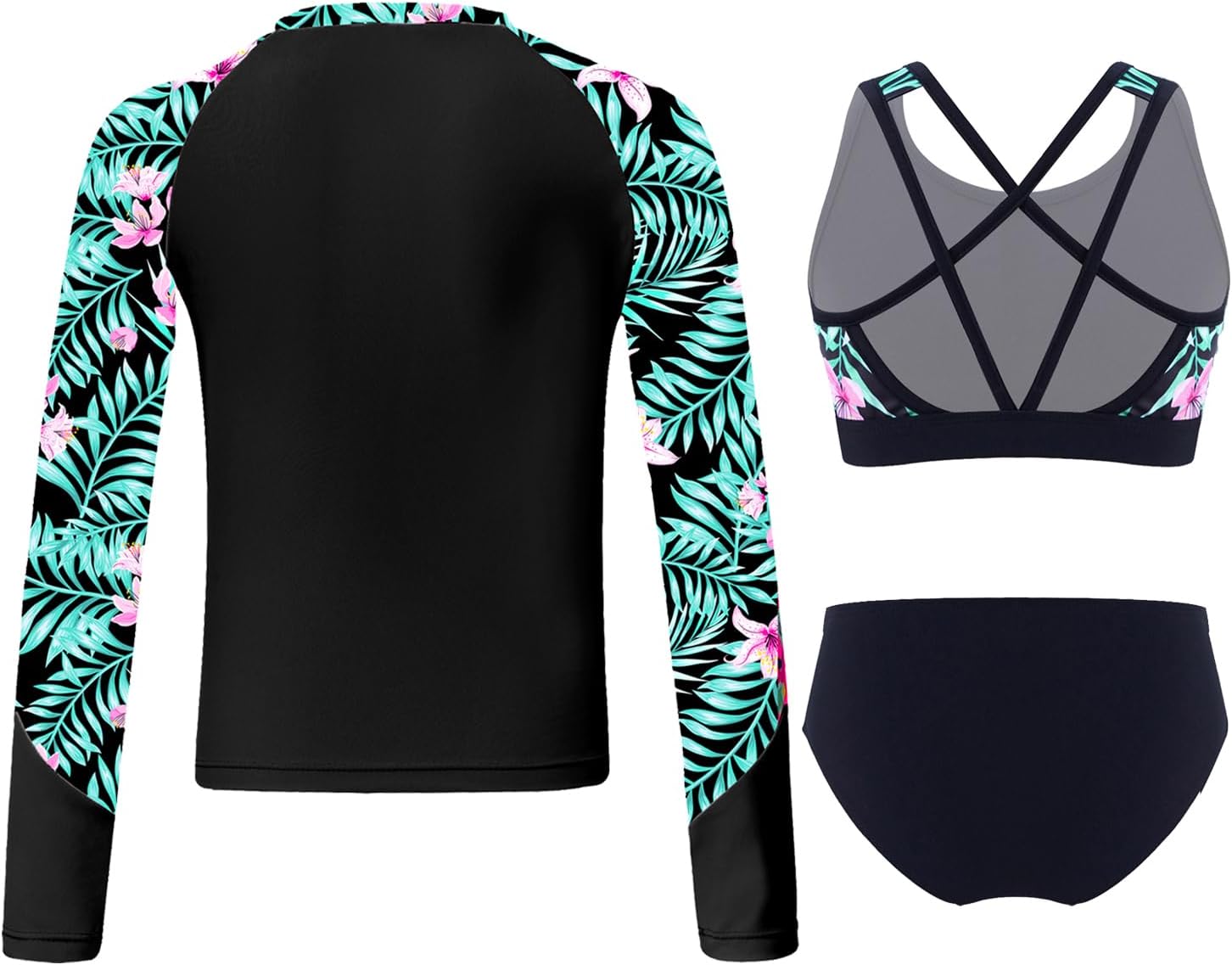 Kids Girls 3 Piece Rash Guard Swimsuits Set Tankini Bathing Suit UPF 50 Long Sleeve Beach Swimwear