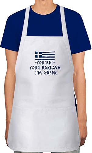 Makoroni - YOU BET YOUR BAKLAVA I'M GREEK - Delantal griego de cocina ajustable con 2 bolsillos para cocinar, hornear, DesN49, Blanco
